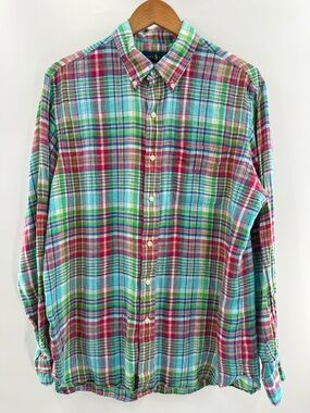 Ralph Lauren Men’s Madras Multi Color Plaid Linen Button-Down Shirt Size Large
